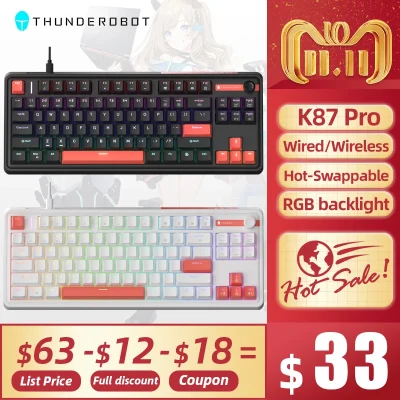 K87Pro Mechanical Keyboard THUNDEROBOT 87 Keys RGB Hot-Swappable Red Switch 2.4G Wireless Keyboard